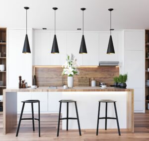 black white and wood kitchen